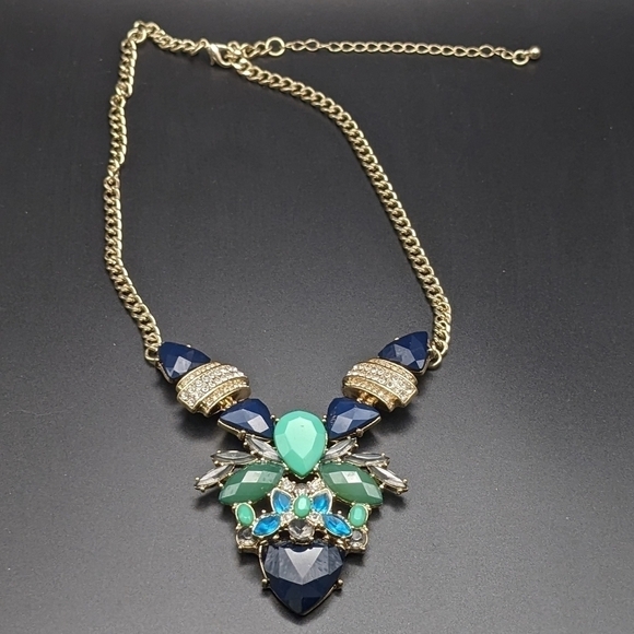 EGYPTIAN Revival Style Blue, Green, And Rhinestone Gold Toned Statement Chain - Picture 3 of 8